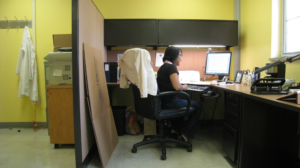 Sarah enjoys the new furniture in the grad office
